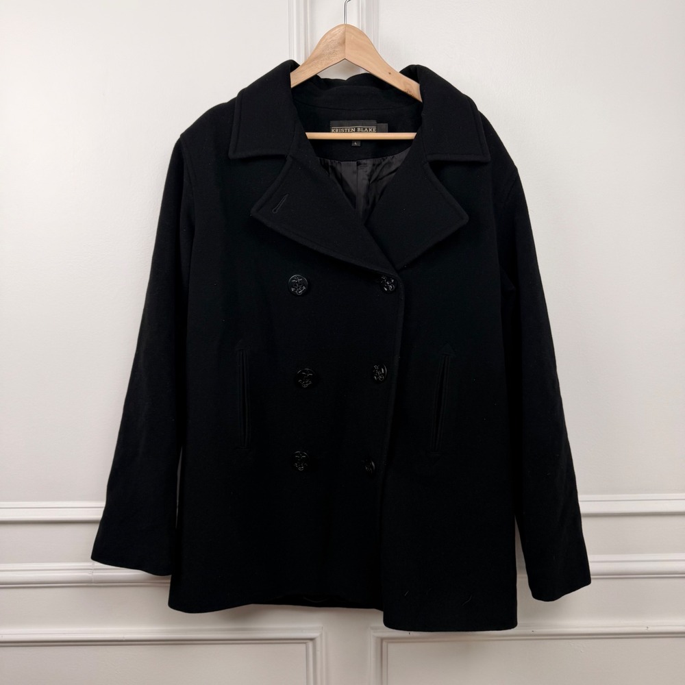 Kristen Blake Womens Black Lambswool Blend Doubleโ Breasted Peacoat Jacket Large